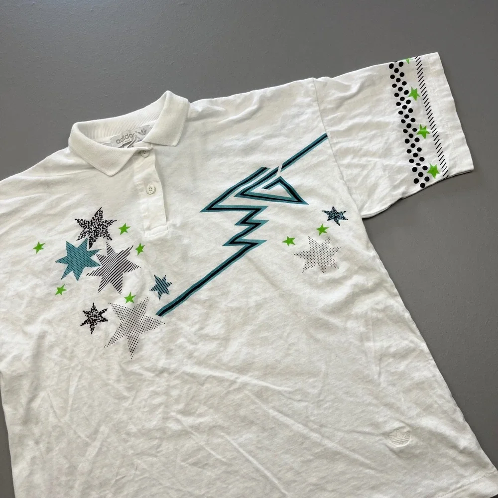 Adidas Polo Shirt Mens L White Vintage 80s Graphic Stars Made in USA L85V-WG AOP